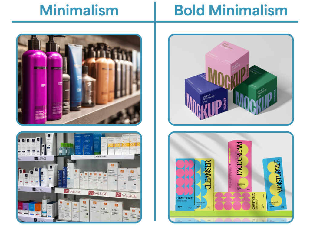 Comparison chart showing two examples of minimalism product packaging on the left versus showing two examples of bold minimalism packaging on the right.