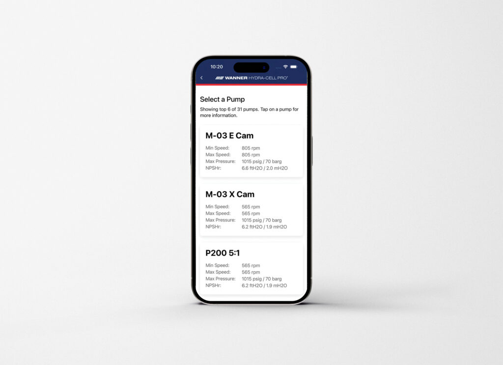 Wanner Hydra-Cell Pro mobile app displaying compatible pump options.