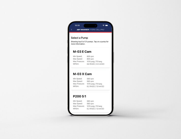 Wanner Hydra-Cell Pro mobile app displaying compatible pump options.