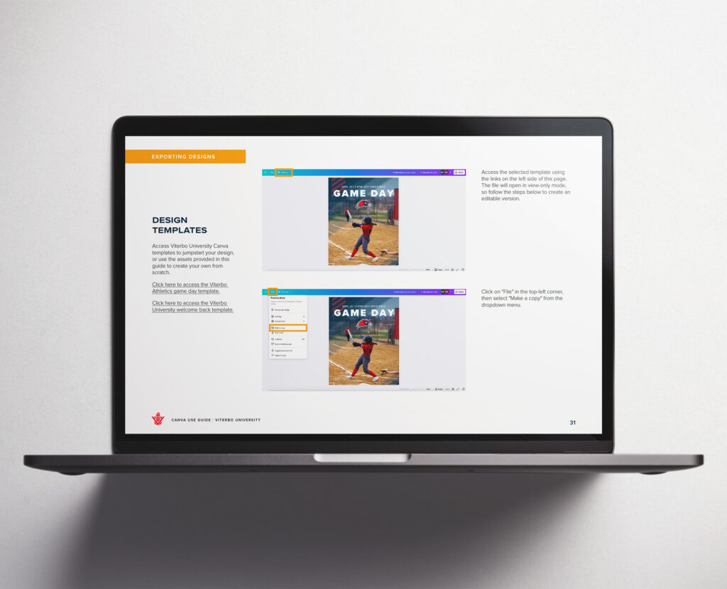 Viterbo Canva guide shown on a laptop screen.