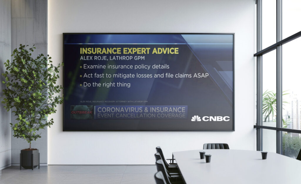CNBC segment on a conference room television titled Insurance Expert Advice with Alex Roje. Tips include: examine policy details, act fast to mitigate losses, and do the right thing.