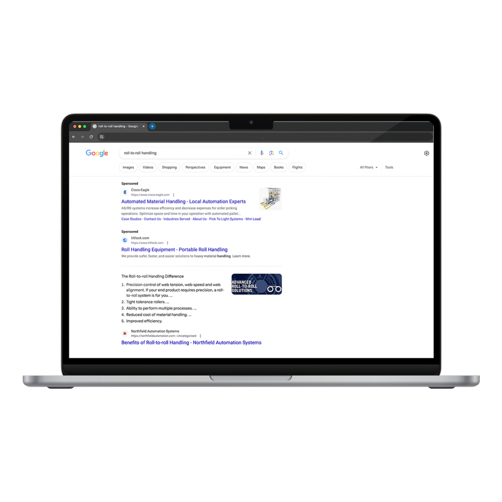 Computer screen displaying a Google search for 'roll-to-roll manufacturing' with optimized SEO results highlighted, indicating successful SEO optimization.