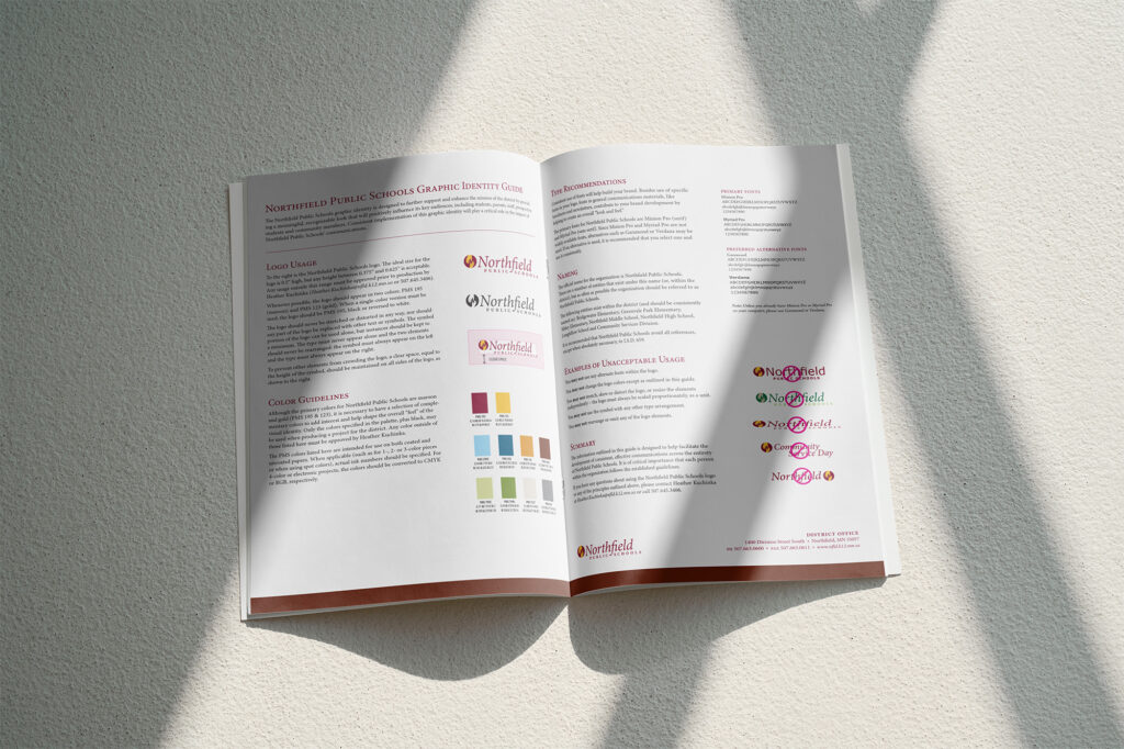 Inside spread of Northfield Public Schools' brand guide.