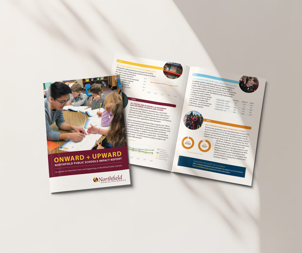 Cover and inside spread of Northfield Public Schools' Impact Report.