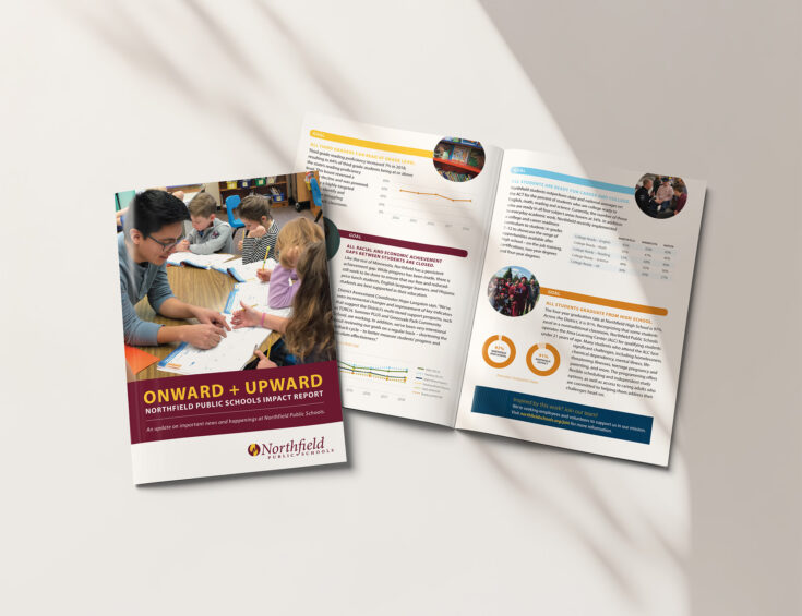 Cover and inside spread of Northfield Public Schools' Impact Report.