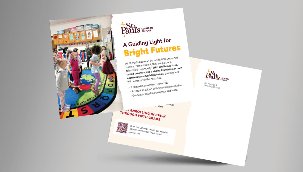 Postcard for Neuger client, St. Paul's Lutheran School, displaying the use of organic imperfection.