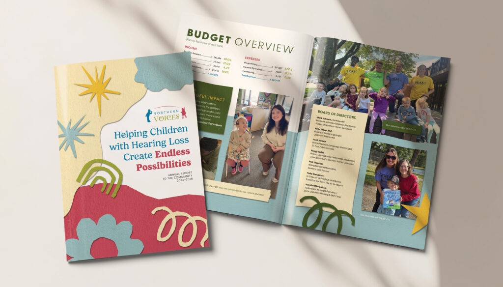 Newsletter spread for Neuger client, Northern Voices, displaying the use of organic imperfection.